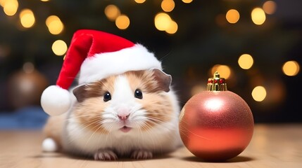 Obraz premium Happy Guinea Pig in red Santa claus hat with christmas decoration baubles, bokeh lights in the background, Merry Christmas Greeting Card banner invitation wallpaper HD, celebration, Xmas
