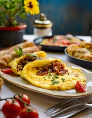 Gourmet breakfast omelets with depth of field showcasing rich flavors and diverse fillings