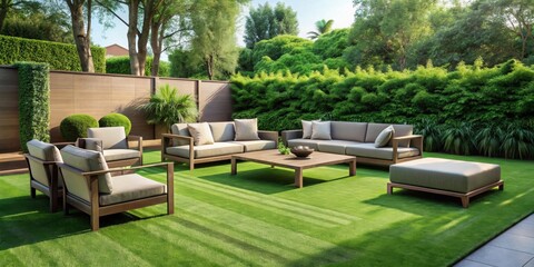 Green lawn with modern couch and chairs , outdoor furniture, relaxation, backyard