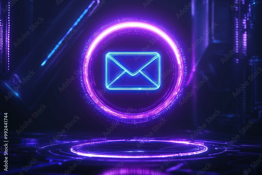 Fototapete a neon icon of an email with the ai letters on it floating in space, with dark background and purple