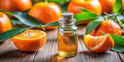 Orange mandarin essential oil in small bottle , citrus, fruit, aromatherapy, wellness, health, natural, organic, skincare