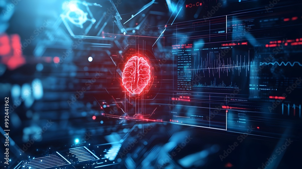 Poster digital brain with data and code visualization
