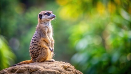 Fototapeta premium Meerkat sitting on a rock in a natural habitat, Meerkat, rock, mammal, animal, cute, wildlife, desert, Africa, watching, alert