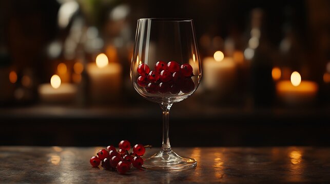 Single currant balanced on the edge of a wine glass in a candlelit room with rich burgundy tones and soft shadows creating a romantic intimate setting Scientific name Ribes rubrum