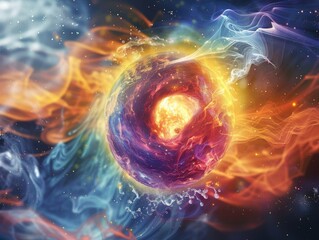 Abstract cosmic sphere engulfed in swirling flames of fire and water.