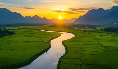 Serene River Valley at Sunrise with Lush Green Mountains and Boat – Scenic Nature Landscape