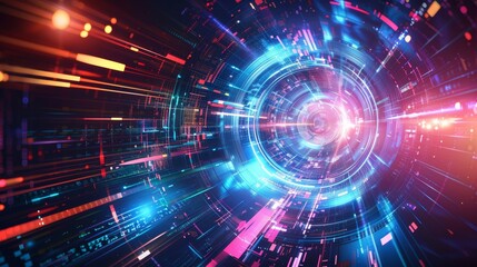 Abstract digital art featuring a glowing circular portal with vibrant streaks of light and energy.  The background is dark and mysterious.