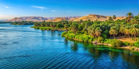 Fototapeta premium Majestic view of the Nile River shoreline with lush forests as seen from a cruise ship in Egypt during the summer