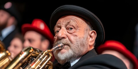 an Oktoberfest band playing traditional German music with brass instruments and accordions dressed in lederhosen and dirndls performing on a wooden stage under festive lighting and decorations