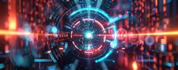 Abstract digital art with glowing blue and red lights.