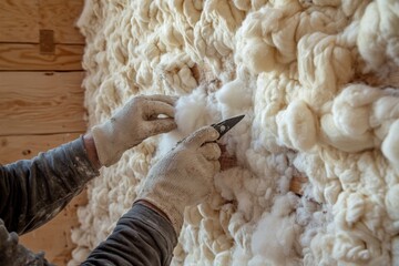 Person hands wearing gloves working wall covered Worker Installing Sheep Wool