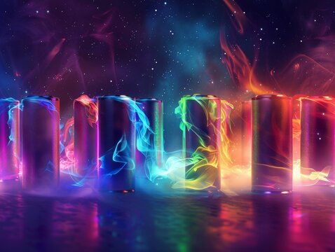 Abstract digital art with colorful flames and glowing pillars.  A futuristic, vibrant and energetic background.