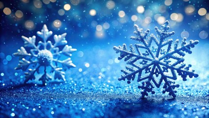 Snowflakes on blue surface with glittering background during winter celebration, snowflakes, blue surface, glittering