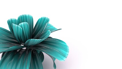 A 3D-rendered teal-colored abstract flower with wide, layered petals radiating outward. The unique, futuristic design combines organic and geometric elements, offering a modern.