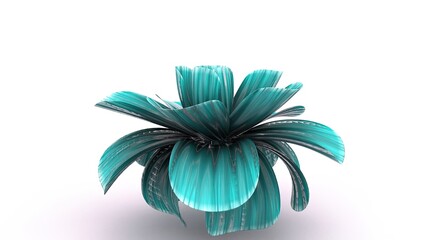 A 3D-rendered teal-colored abstract flower with wide, layered petals radiating outward. The unique, futuristic design combines organic and geometric elements, offering a modern.