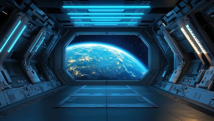 Obraz premium Spaceship Interior with Earth View