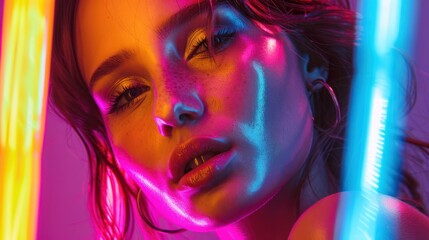 Fototapeta premium Portrait of beautiful Woman under colorful neon lighting AI generated image