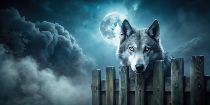 Werewolf or Dogman cryptid peering over a fence on a foggy night , werewolf, dogman, cryptid, fence, fog, night, spooky