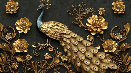 Golden Peacock Amongst Floral Embellishments