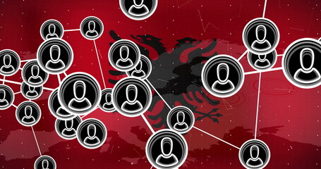 Network of connected user icons image over Albanian flag background