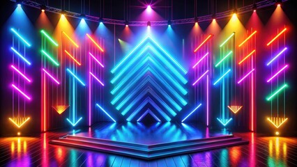 Colorful neon lights illuminating stage background with abstract arrows, neon lights, colorful, stage, abstract