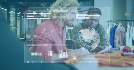 Image of charts processing data over diverse male fashion designers talking at studio