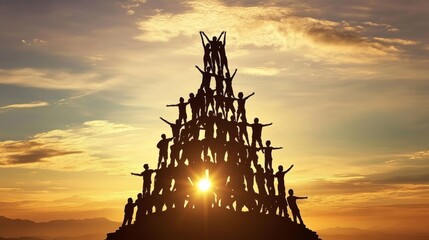 Group people standing top pyramid-like structure which appears Business