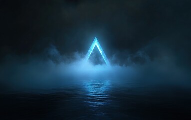 A glowing blue triangle floating in the dark surrounded by fog, symbolizing mystery and intrigue