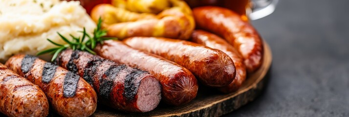 Fototapeta premium a traditional Oktoberfest table setting with a large wooden platter of German sausages sauerkraut mashed potatoes and pretzels accompanied by glass steins of beer captured in rustic warm tones