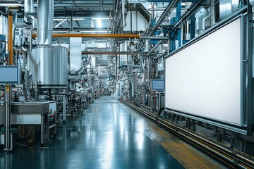 Industrial Factory Interior with a Blank Sign and a Clear Floor