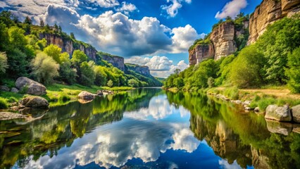 Fototapeta premium River's calm waters mirror the valley's lush greenery and rocky outcroppings, set against a serene blue sky with few white clouds.