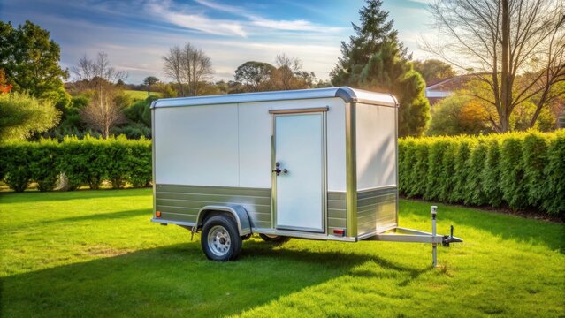 Small luggage trailer parked on green grass in a residential backyard , trailer, luggage, grass, residential, backyard, small