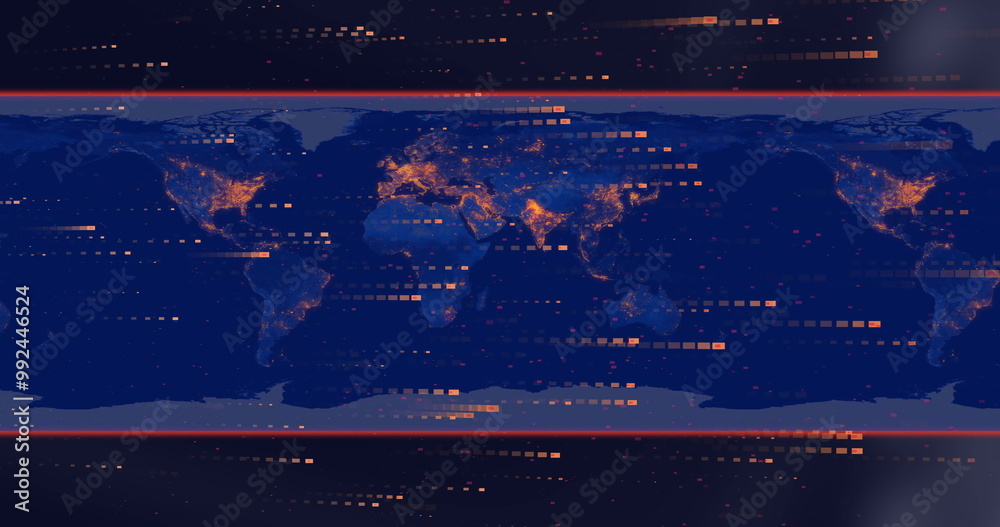 Canvas Prints Image of orange data trails processing over blue world map and black borders