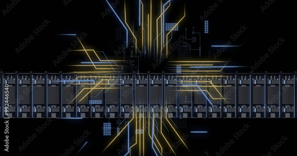 Poster image of circuit board and digital data processing over computer servers