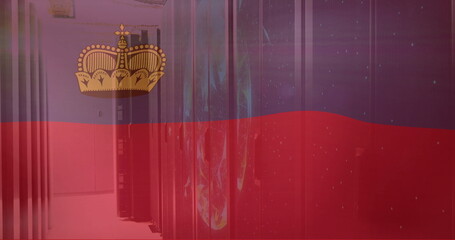 Liechtenstein flag image over server room with data processing equipment