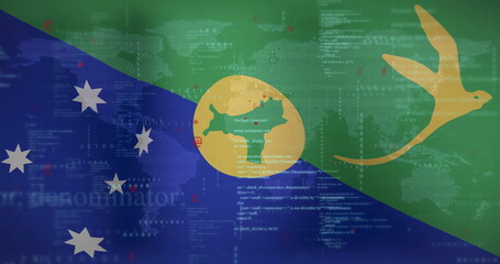 Obraz premium Digital data processing image over flag of Solomon Islands and world map