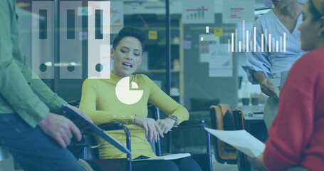 Image of media icons and processing data over diverse colleagues discussing at casual office