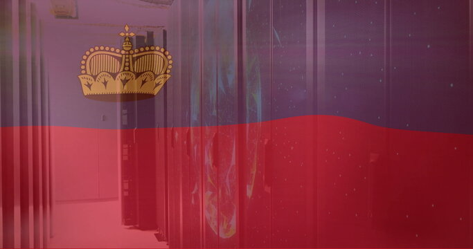 Liechtenstein flag image over server room with data processing equipment - Powered by Adobe