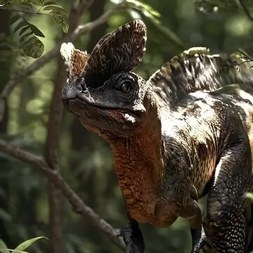 A realistic depiction of a Dilophosaurus, a predatory dinosaur, in a lush jungle setting.