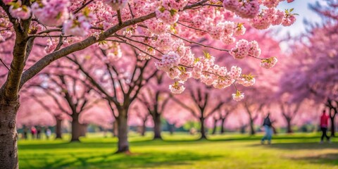 Naklejka premium Cherry blossom tree in a park with selective focus, sakura, blossoms, spring, nature, pink, flowers, petals, tree, park