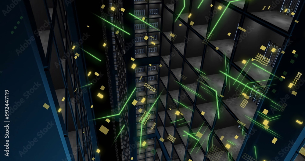 Poster image of circuit board and digital data processing over computer servers