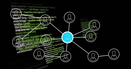 Image of digital data processing with network of connections and icons over black background