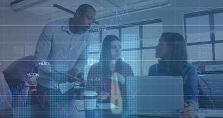 Image of financial data processing over diverse business people in office