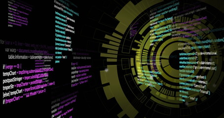 Image of digital data processing over scope on black background
