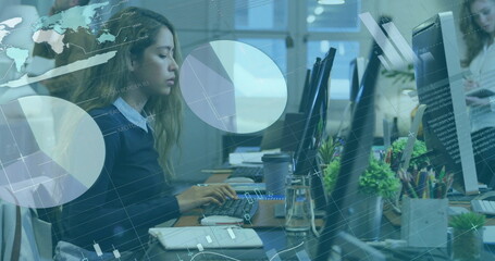 Image of financial data processing over caucasian businesswoman using computer