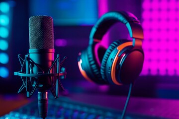 Microphone pair headphones stand recording studio is left A close-up