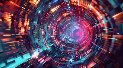 Obraz premium Abstract digital tunnel with vibrant colors and glowing lights. Futuristic and dynamic design for technology, science fiction, and cyberpunk themes.