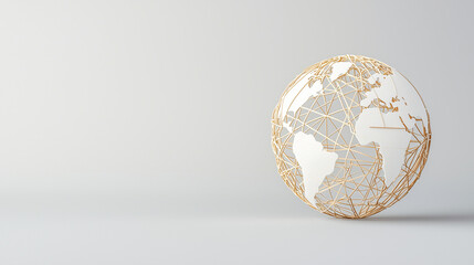 Global Connection: A minimalist 3D rendering of a golden wireframe globe on a neutral background, symbolizing interconnectedness and global reach.  