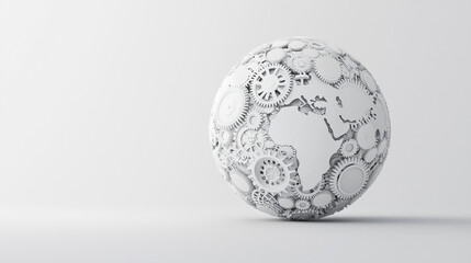 Global Interconnectivity: A white globe rendered in a minimalist style, adorned with intricate gears and cogs, symbolizing the interconnectedness of our world.