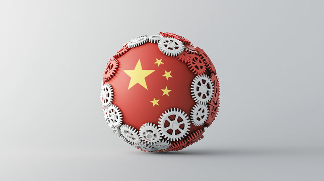 China's Global Influence: A 3D rendering of a sphere representing the globe, adorned with the Chinese flag and surrounded by interconnected gears.